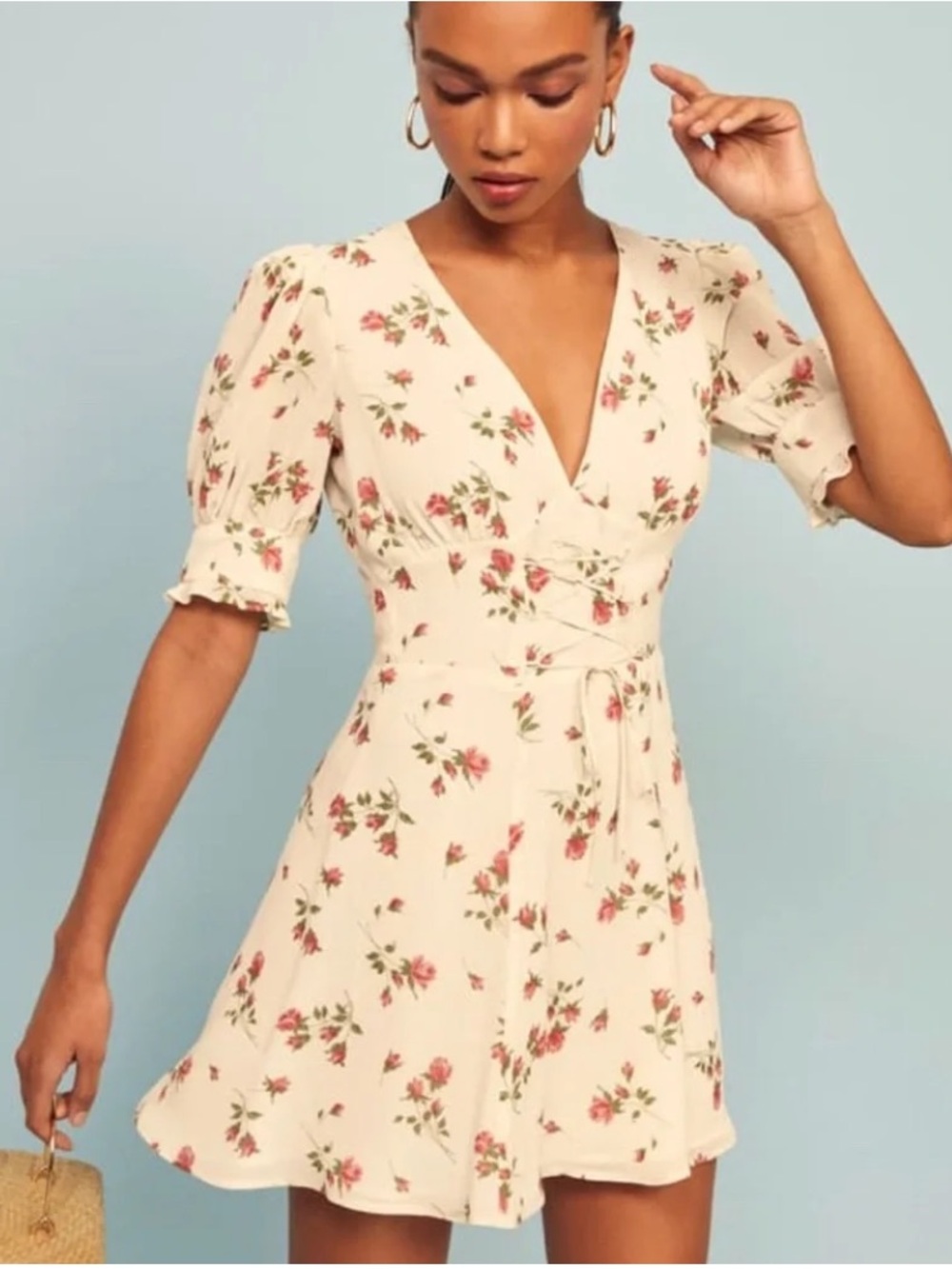 Reformation Floral V-Neck Short Dress - Cream with Pink Floral